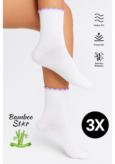 Bamboo Star Bambu Kadın Lila Fırfırlı Lastiksiz Dikişsiz Kadın Soket 3lü Beyaz Çorap/iz Bırakmaz/sıkmayan Çorap Beyaz - Lila