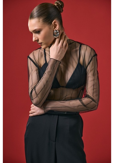 Ckm Moda Vaze Çizgili Transparan Bluz Siyah