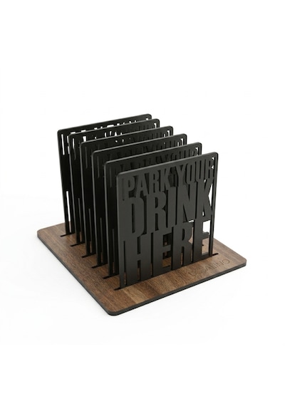 Doalino Premium Ahşap Bardak Altlığı Seti 6'lı Stantlı Park Your Drink Here Siyah