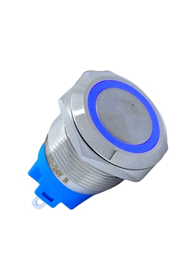 E57 19mm Metal Buton Yaylı 12-24v Mavi Led 1no/1nc