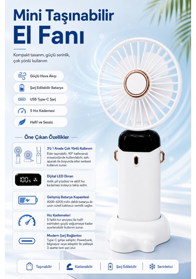 Estone Es-9400 Dijital Ekranlı Katlanabilir Mini Fan El / Masa / Boyun Tipi