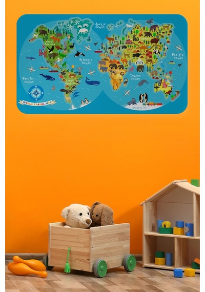 Eğitici Dünya Haritası Dünya Atlası Çocuk Ve Bebek Odası Duvar Sticker -60x105-3805 Çok Renkli