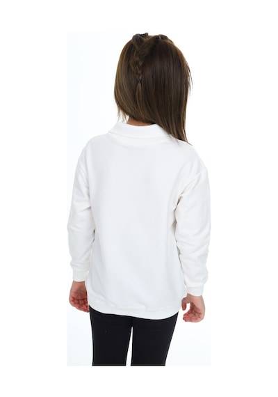 Kız Çocuk Regular Fit Polo Yaka Düşük Omuz Nakış Baskılı Sweatshirt - 2 İplik Ekru