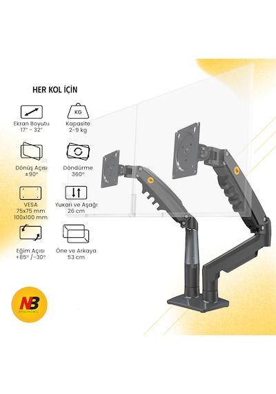 North Bayou Nb-f160 Çift Kollu Amortisörlü Monitör Standı 17"-27" / 2-9 Kg - 360 Hareketli Profesyonel Masa Askı Aparatı