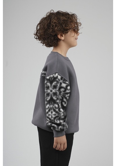 King-Brich Kingbrich Kids Bisiklet Yaka Kolu Garnili Baskılı Çocuk Sweatshirt Füme