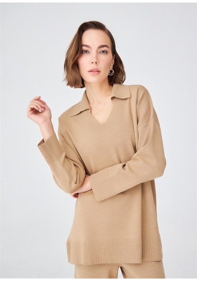 Peraluna Polo V Yaka Bol Kesim Kadın Triko Kazak Camel Melanj Camel