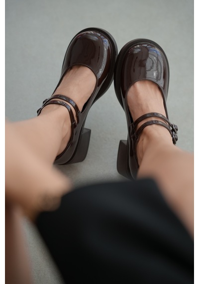 Selin Shoes Sandy Çift Bantlı Rugan Kadın Loafer- Kahve Rugan Kahverengi