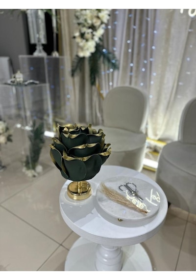 Dekor Yapay Eva Çiçeği Kablosuz Masa Lambası Üst Gold Yeşil-alt Parlak Gold 9v Pil 75-90 Saat