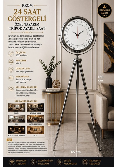 Krom 24 Saat Göstergeli 150 X 45 Cm Metal Özel Tasarım Tripod Ayaklı Saat
