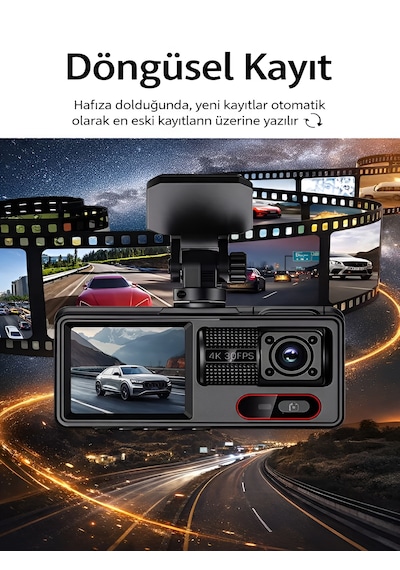 Araç İçi Kamera 4k 30fps Dvr 3 Kameralı Lcd Ekranlı Gece Görüşlü Araba Kamerası