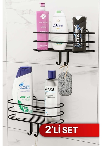 Bino 4 Askılı Şampuanlık Sabunluk Banyo Düzenleyici Duş Rafı Paslanmaz Organizer 2'li Set Siyah
