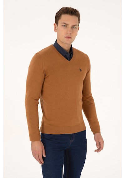 U.S. Polo Assn. Erkek Slim Fit V Yaka Camel Basic Triko Kazak 50313662-VR233