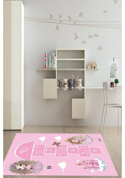 Dijital Baskılı Pembe Sayı Desen Dekoratif Yıkanabilir Kaymaz Taban Çocuk Halısı Çok Renkli