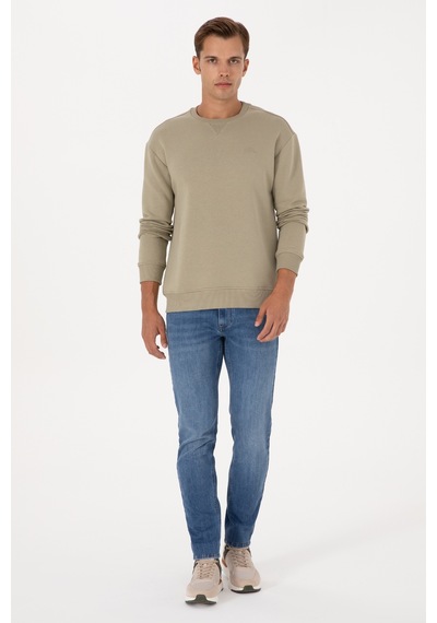 U.S. Polo Assn. Erkek Comfort Fit Bisiklet Yaka Şardonlu Açık Haki Basic Sweatshirt 50313757-VR183