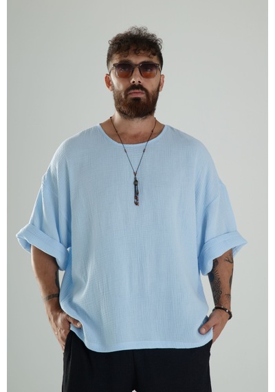 Cocopelli Mavi Müslin Kumaş Oversize Fakir Kol T-shirt Coc1101 Mavi
