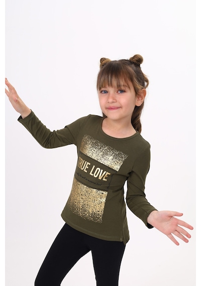 Toontoy Kids Toontoy Kız Çocuk Varak Baskılı Taş İşlemeli Tişört Haki