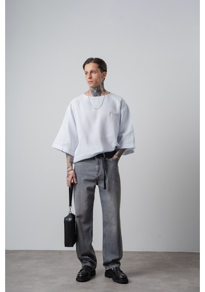 Respire Erkek R Nakışlı Fakir Kol Müslin Oversize T-shirt Beyaz