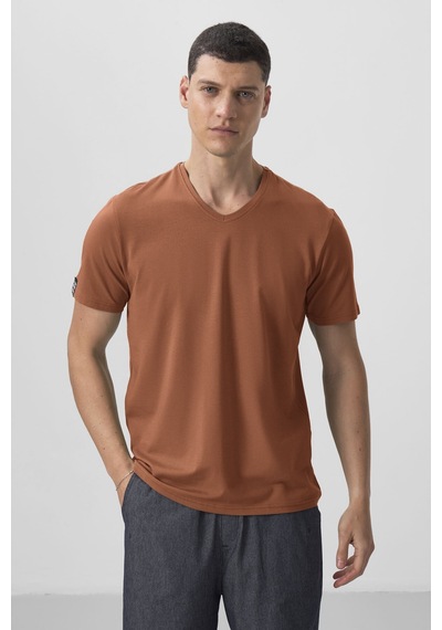Standart Fit Basic V Yaka 3lü Paket Taş-tarçın-kaktüs Erkek T-shirt - 87912 Tarçın