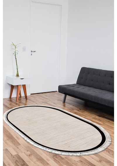 Kaymaz Taban Djt Banyo Mutfak Salon Halı Trend Saçaklı Oval Dokuma Desen E5007 Açık Bej