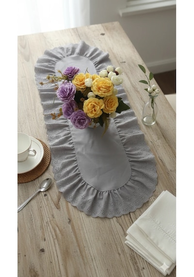Fırfırlı Fistolu Duck Keten Oval Runner & Dekoratif Örtü &sehpa Örtü 35x65 Cm Gri