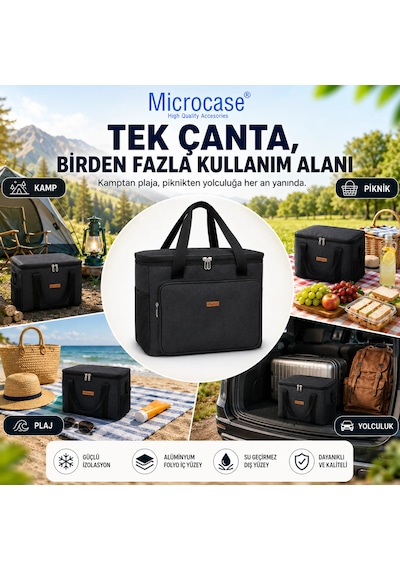 Microcase 18 Lt 5 Gözlü Termos Çanta Isı Yalıtımlı Piknik Kamp Plaj Balıkçı Soğutucu Çanta Al5649 Siyah