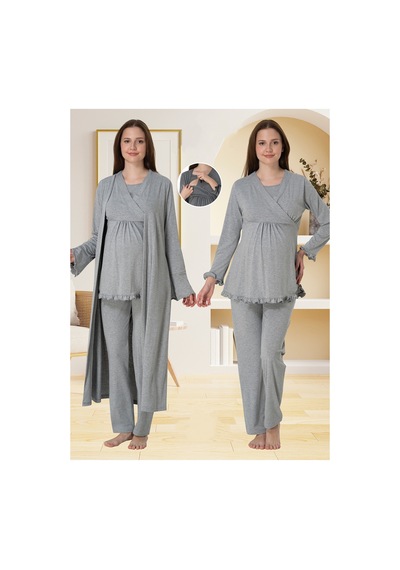 Effortt Dvina Lohusa Sabahlıklı Pijama Takımı Gri - 4044 Gri