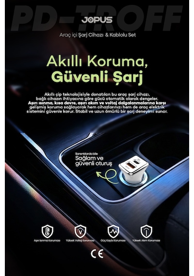 Jopus İphone Araç Şarj Aleti Çakmaklık Seti - Lightning + USB Girişli 38W JO-A7