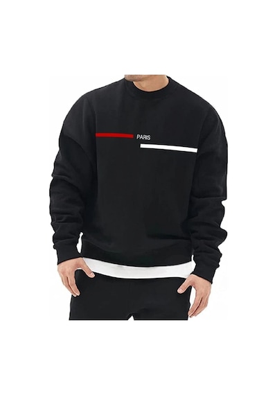 Paris Çizgi Sweatshirt - Siyah Baskılı Oversize Kışlık Kalın Bisiklet Yaka Siyah