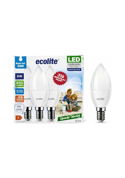 Ecolite 8 W Led Mum Ampul E14 Duy, 810 Lümen, 3000k Sarı Işık, 60w Eşdeğer, 3 Lü Paket, Opal Standart