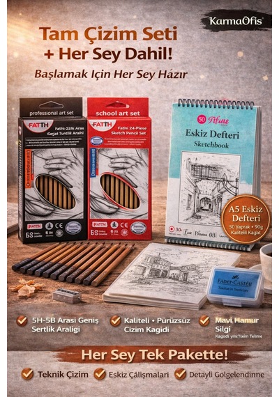 24 Lü Eskiz Kalem Seti + A5 Eskiz Defteri + Mavi Hamur Silgi Profesyonel Çizim Seti