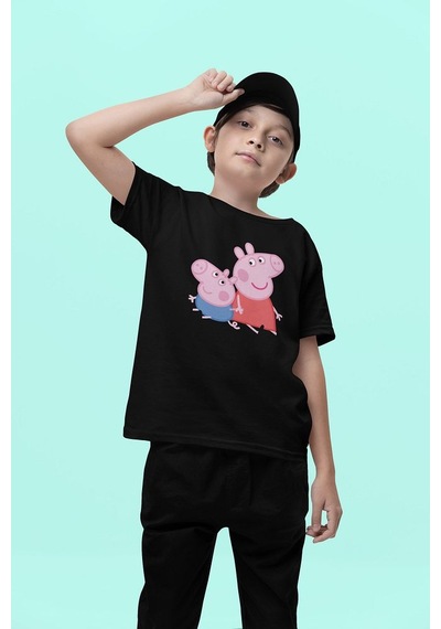 Sevbano Peppa Pig Baskılı Unisex Çizgi Film Çocuk Tişört 1-12 Yaş Siyah