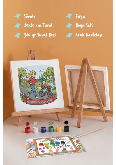 Her Zaman En Güçlü Annem Yazılı Eğitici Boyama Tuvali Şövaleli Boya Seti 20x20 Cm