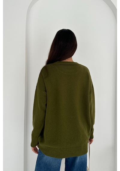 Femelle Kadın Haki Standart Beden Oversize Basic Triko Kazak - 357bnd