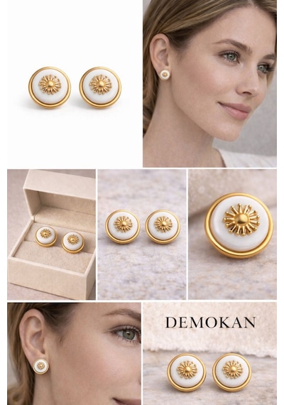 Kadın Küpe Vintage Düğme Model Gold Sun Küpe Beyaz