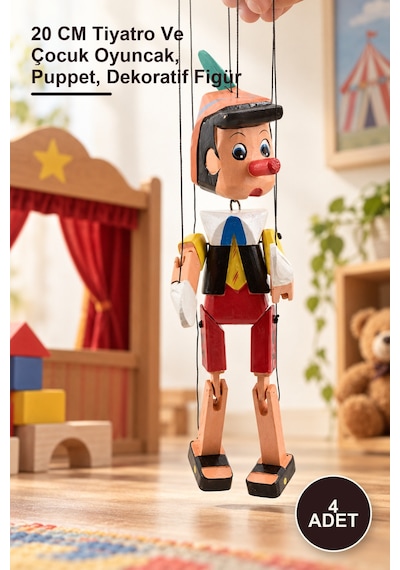 4 Adet Pinokyo Ahşap Kukla 20 Cm Tiyatro Ve Çocuk Oyuncak, Puppet, Dekoratif Figür