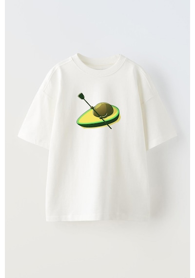 Thewert Unisex Yüzen Avakado Tasarım Baskılı Pamuk Beyaz Oversize T-shirt
