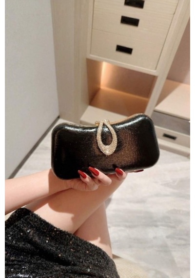 Famels Lüks Model Yeni Özel Kilit Açmalı Taşlı Abiye Çanta Kol Ve El Çantası Siyah