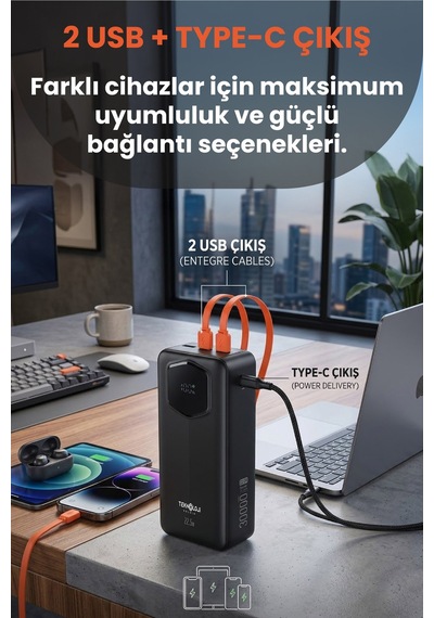 30.000 Mah Hızlı Şarj Powerbank 22.5 W Kendinden Kablolu Göstergeli Taşınabilir Batarya Siyah