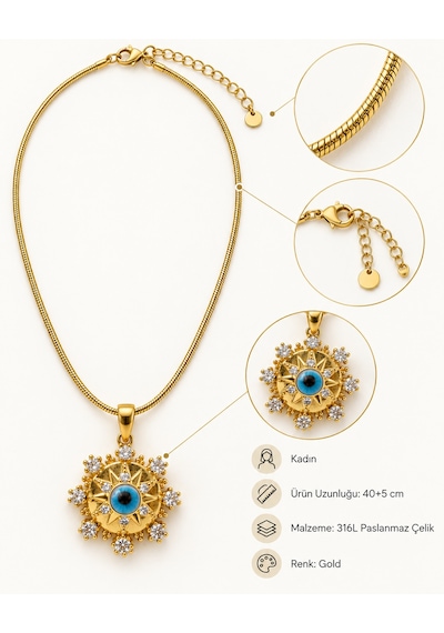 Aura Sun Eye Gold Güneş Ve Nazar Gözlü Kadın Kolye 316l Çelik Renkli