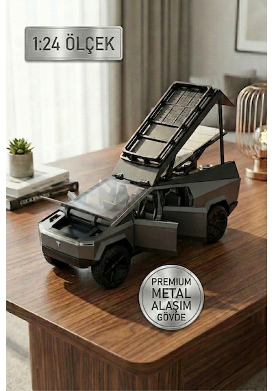 1:24 Metal Cybertruck Kamp Karavan Modelli Çek Bırak Oyuncak Araba - Sesli Işıklı Diecast Model