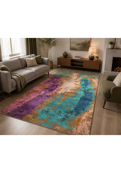 Hoom Rugs Arkaik Plz 01 Eflatun Etnik Renkli Vintage Makine Halısı Çok Renkli