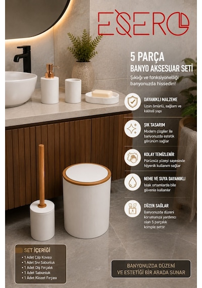 5'li Banyo Aksesuar Seti Lüks Beyaz Banyo Takımı Çöp Kovası Klozet Fırçası Diş Fırçalık Sabunluk