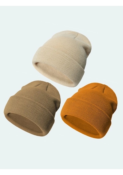 Eke Tekstil Unisex Katlamalı 3'lü Bere Seti Hardal - Taş - Vizon
