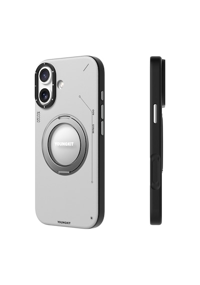 Apple Uyumlu iPhone 17 Kılıf M-safeli 360 Derece Standlı Basit Mat Deri Desenli Youngkit Tech Leather Kapak Gri Gri