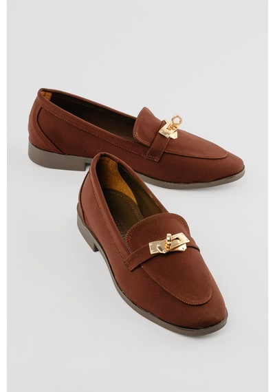 Kadın Nubuk Loafer Gold Tokalı Günlük Ayakkabı Elna Kahverengi Kahverengi