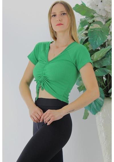 Ön Büzgülü Crop Bluz Yeşil - 1293.33-9049821305032