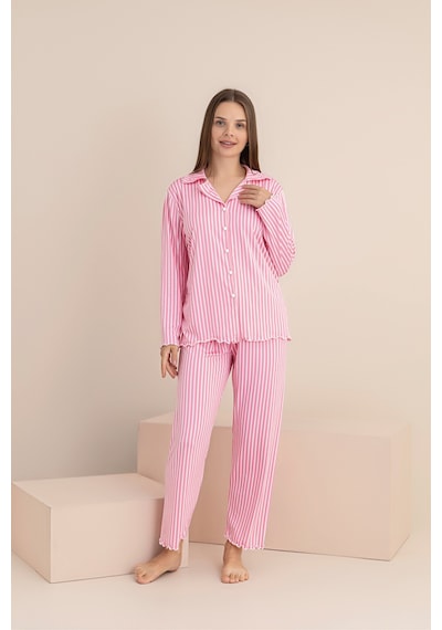 Rindahomewear Kadın Milan Örme Pembe Çizgi Desenli Uzun Kol Kadın Düğmeli Pijama Takımı Pembe1