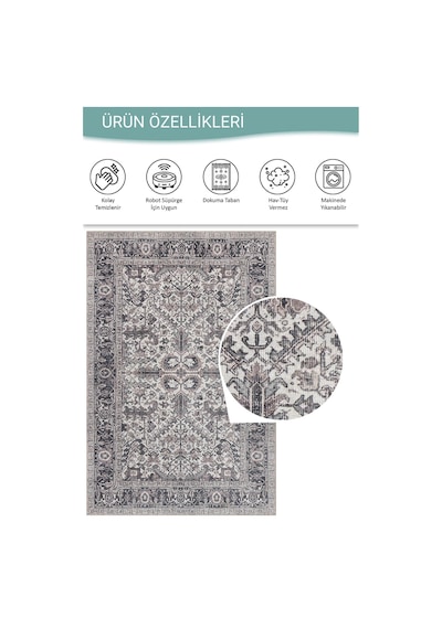 Artloop Stonart Eskitme Vintage Desenli Gri Otantik Yıkanabilir Şönil Halı Al 453 Gri 8