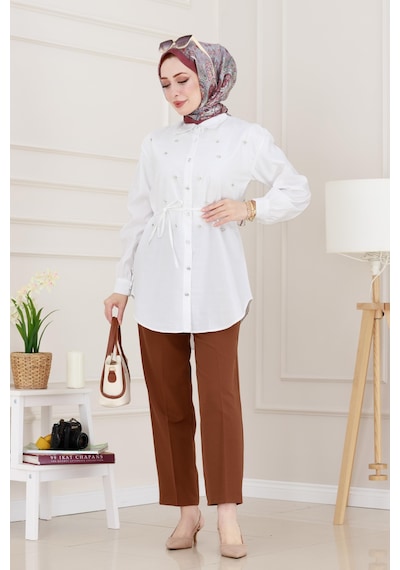 Sevitli Monako Yaka Taşlı Tunik-beyaz-4966 Beyaz