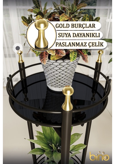 Bino Saksılık Organizer Bahçe Balkon Standı Çiçeklik Dekoratif Lüks Metal 2 Katlı Servis Sunum Tepsi